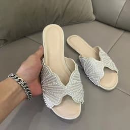 Black Beaded Butterfly Flat Women Sandals Open Toe Summer Slippers for Beach Casual Wear Fashion Ladies Slides Beach Shoes
