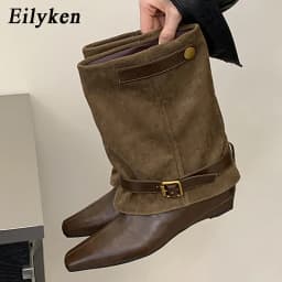 Eilyken 2027 Vintage Belt Buckle Splicing Wedges Low Heels Woman Ankle Boots Fashion Pointed Toe Shoes Botas Feminina