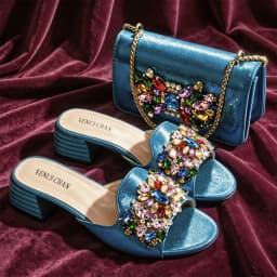 VENUS CHAN Women Colorful Rhinestone Embellished Satin Mules & Handbag Set for Wedding Party Evening Events
