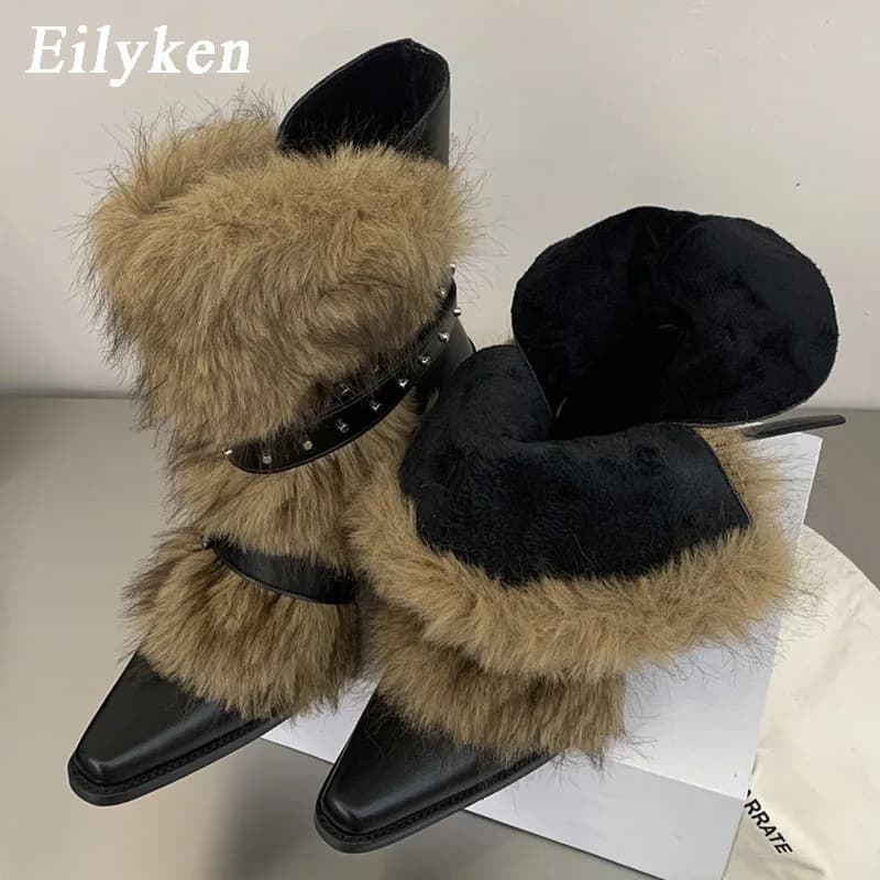 Eilyken New Design Fluff Fuzz Rivet Belt Buckle Women Ankle Western Boots Autumn Winter Pointed Toe Chunky Heels Shoes