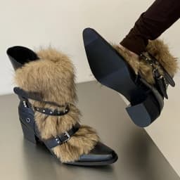 Eilyken New Design Fluff Fuzz Rivet Belt Buckle Women Ankle Western Boots Autumn Winter Pointed Toe Chunky Heels Shoes