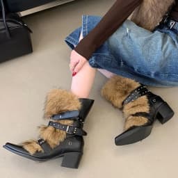 Eilyken New Design Fluff Fuzz Rivet Belt Buckle Women Ankle Western Boots Autumn Winter Pointed Toe Chunky Heels Shoes