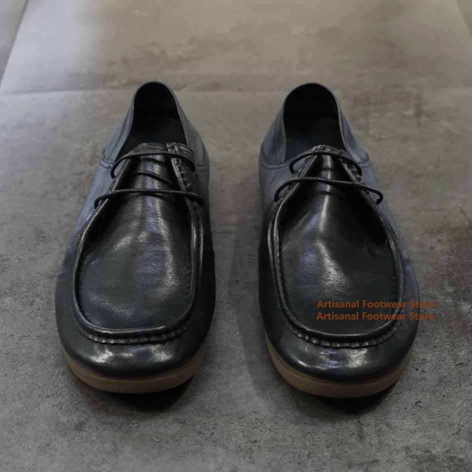 Men's Black Leather Lace-Up Shoes Vintage Round Toe Soft Flexible Flat Sole Casual Driving Leather Loafers Trendy Men's Shoes
