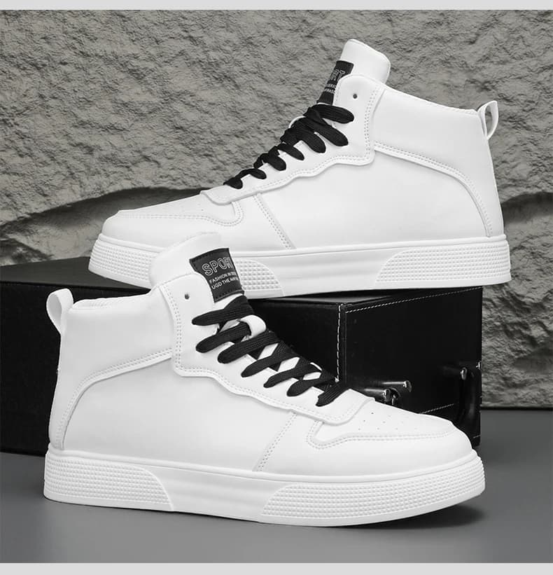 Men's Spring-Autumn New Style High-Top Canvas Shoes Trendy Height-Adding Lace-Up Multi-Functional White Sneakers Flat Shoes Men'