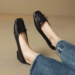 NEW Spring/Autumn Women Pumps Square Toe Low Heel Shoes Genuine Leather Shoes for Women Concise Bow-hnot Weave Slip-on Shoes