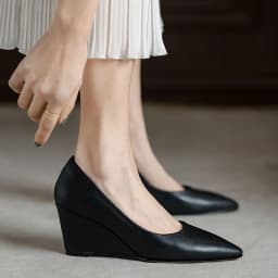 FHC Spring Sheepskin Leather Wedges Shallow Shoes,Women Pumps,High Heels,Slip On,Pointed Toe,Black,Dropship