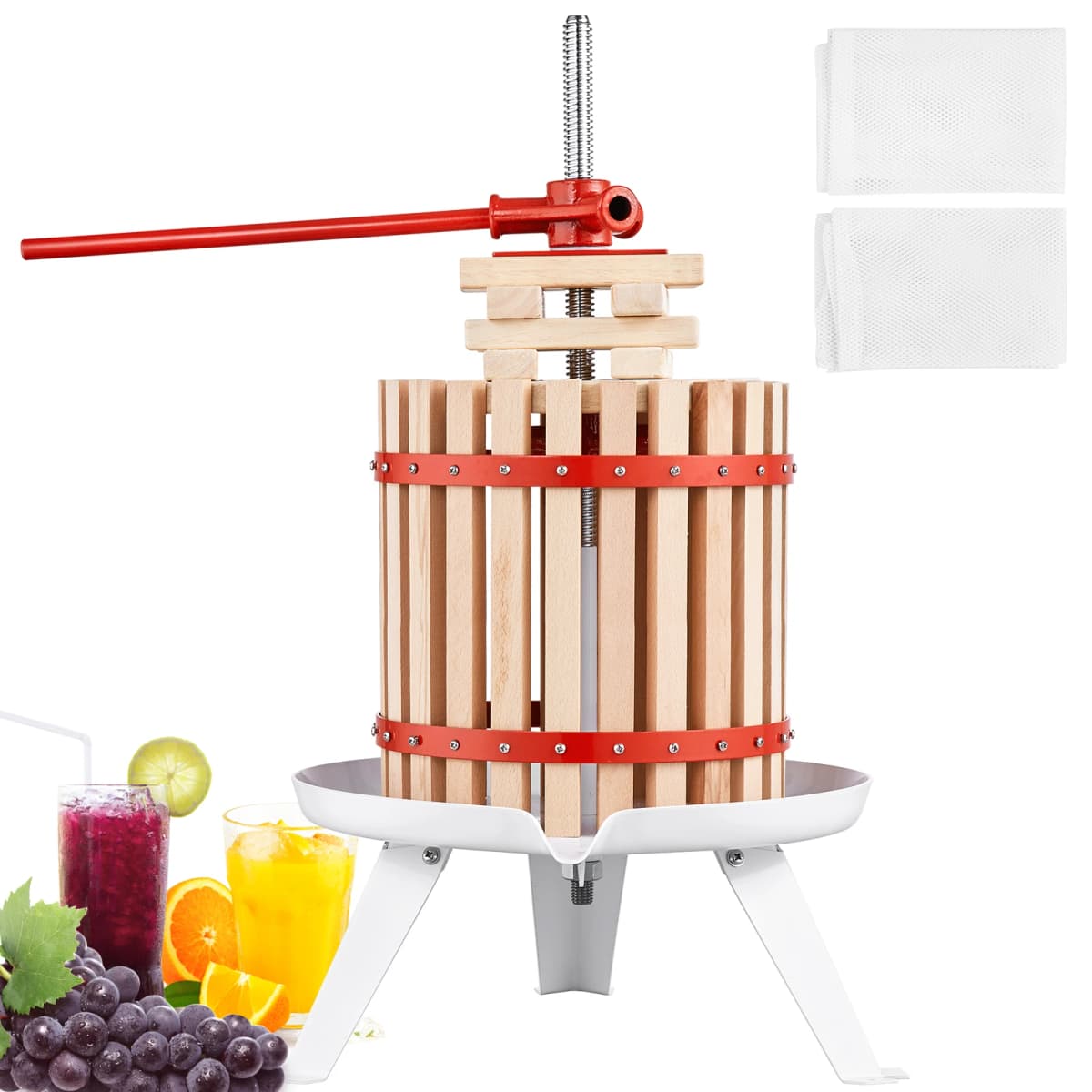 SucceBuy 6-18L Fruit Wine Press Solid Wood Basket 6 or 8 Blocks Manual Juice Maker with Pole Handle Bar for Kitchen and Home
