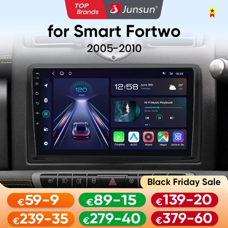 Junsun Android14 Car Radio For Merced Benz Smart Fortwo 451 2005-2010 Stereo for Apple Wireless CarPlay Multimedia GPS FM RDS 4G