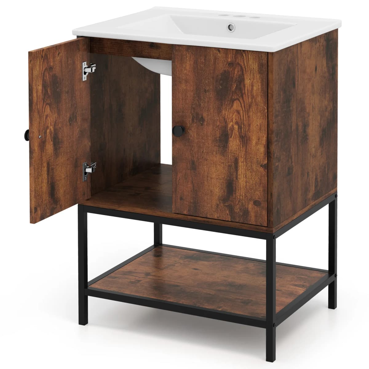 Wardrobe vanity with washbasin, bathroom wardrobe under the washbasin with ceramic basin, 2 doors and open shelf