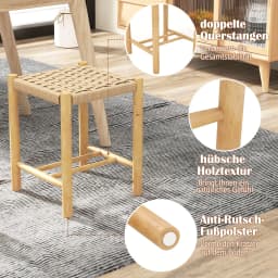 2 Set bar stool Wood, bar chair seat height 45 cm with footrest, braided paper kitchen chair counter stool bistro stool