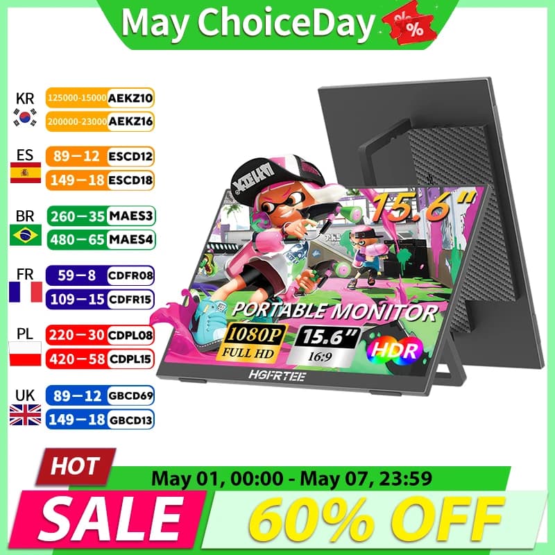 HGFRTEE 15.6 Inch 1080P Portable Gaming Monitor, 250cd/m2 Type-C/HDMI Expand Display with Stand for Laptop Phone Switch PS5 Xbox