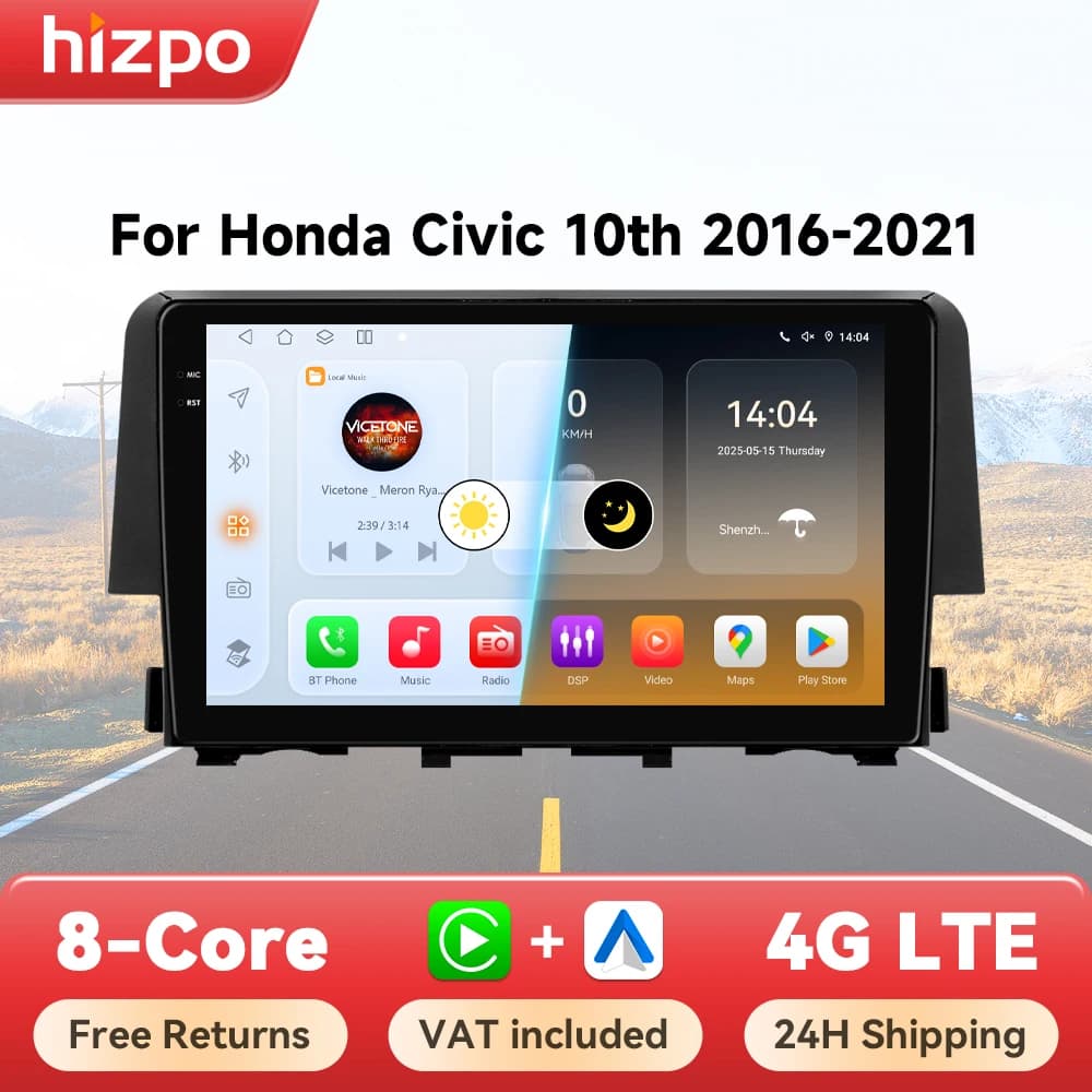Hizpo Android 14 Car Intelligent Systems For Honda Civic 10th 2016 - 2018 Radio Carplay Multimedia GPS 2din 4G Navigation 8 Core