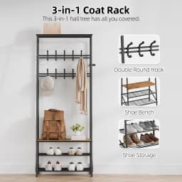 Stable Coat Rack with Shoe Bench, 3 Shelves and 10 Hooks, 4 in 1 Design, Metal, Hallway, Entryway, Living Room 64 x 30 x 180 cm