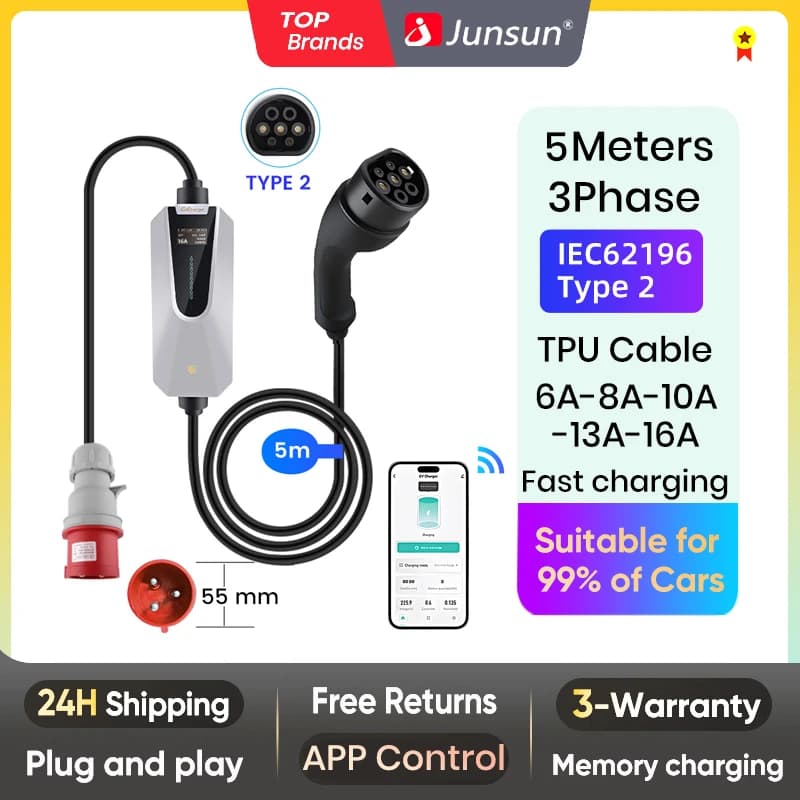 Junsun EV charger type 2 7KW 11KW 22KW App control Portable EV charger wallbox type 2 for Tesla Kia Dacia Renault Nissan Hyundai