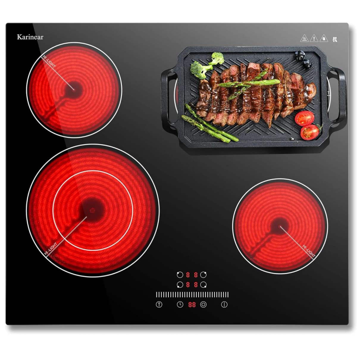 Karinear Ceramic Hob 4 Zones 60cm Built in, Expandable Oval Area, Sliding Control, Safety Lock, Timer, without Plug, Hard wired