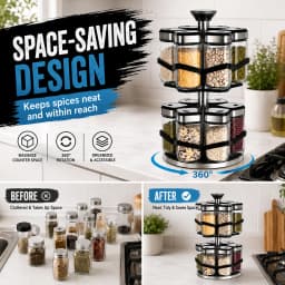 SIAZIH 2-Layer 360° Rotating Stainless Steel Spice Rack with 12 120 ml Spice Jars with Rotating Lids, for Easy Access to Spices