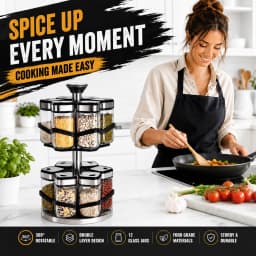 SIAZIH 2-Layer 360° Rotating Stainless Steel Spice Rack with 12 120 ml Spice Jars with Rotating Lids, for Easy Access to Spices
