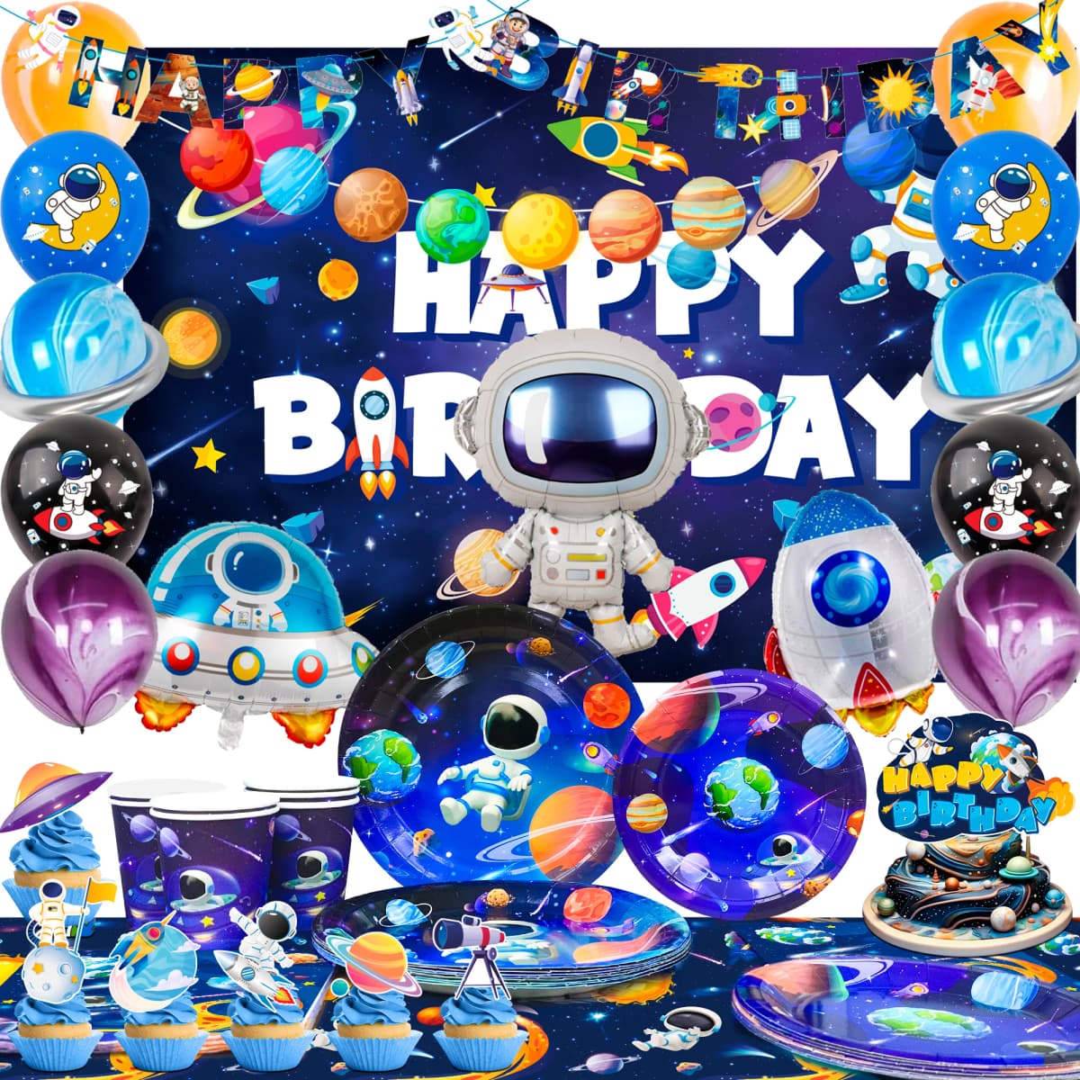 Space Birthday Party Decorations,88pcsBirthday Decorations&Outer Space Birthday Tableware Set -Party Plates Tablecloth Backdrop