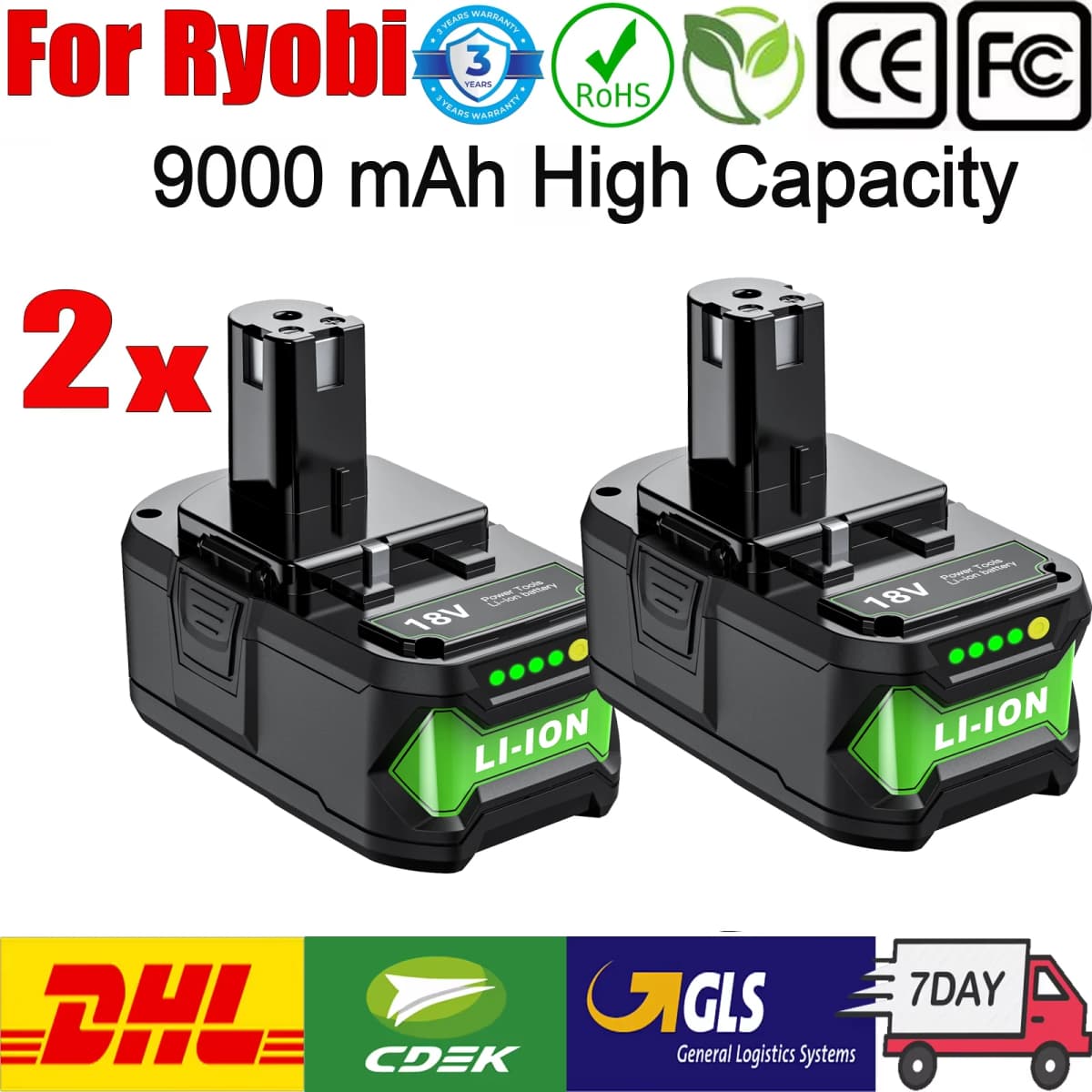 For Ryobi 18V Battery 6A 9A Li-ion Rechargeable Battery Replacement Battery For Ryobi P108 P107 P109 Power Tool Battery