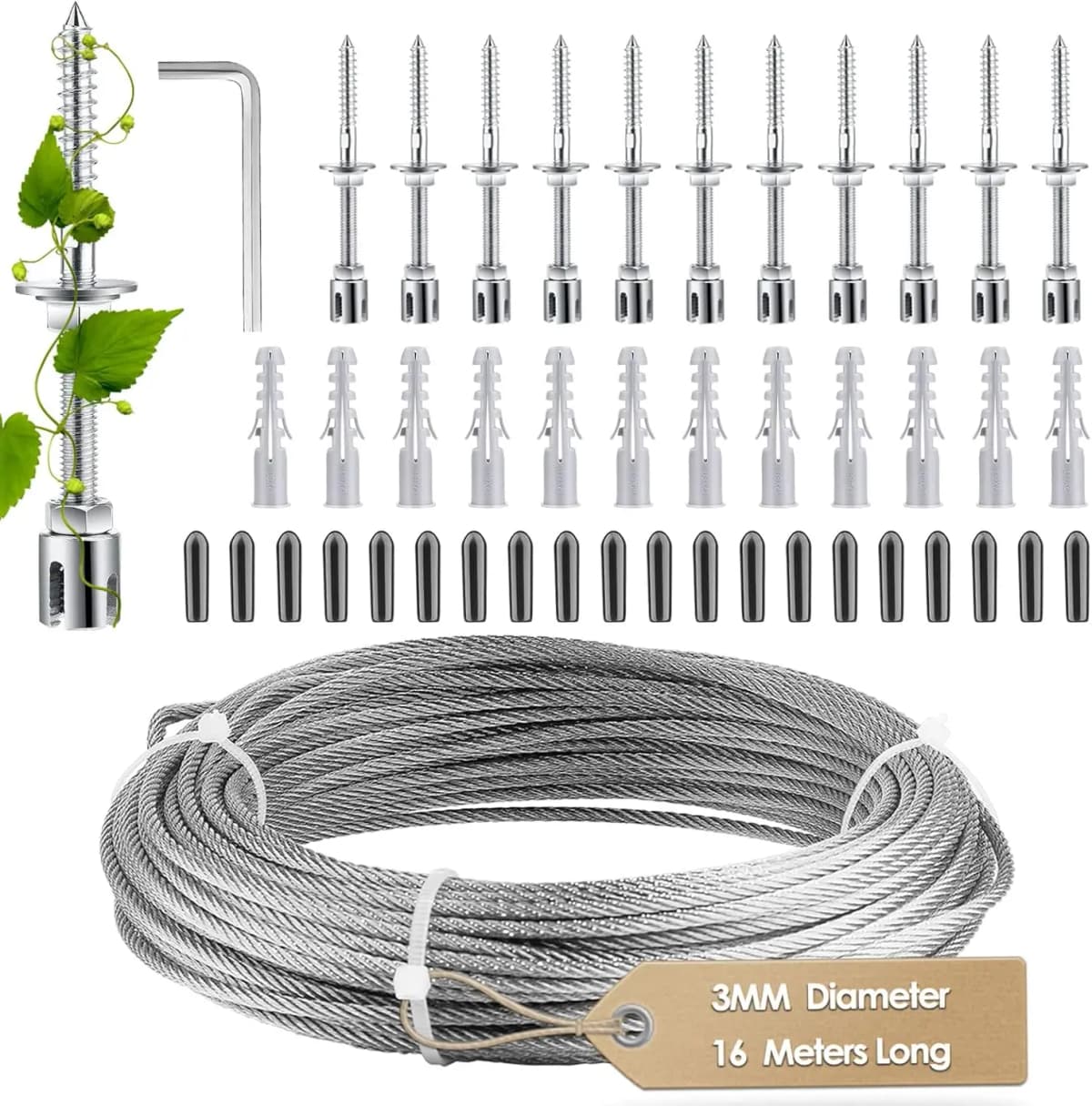 Climbing plant frame support grid climbing plants, 16 meter stainless steel rope, grid fixing kit, garden line home