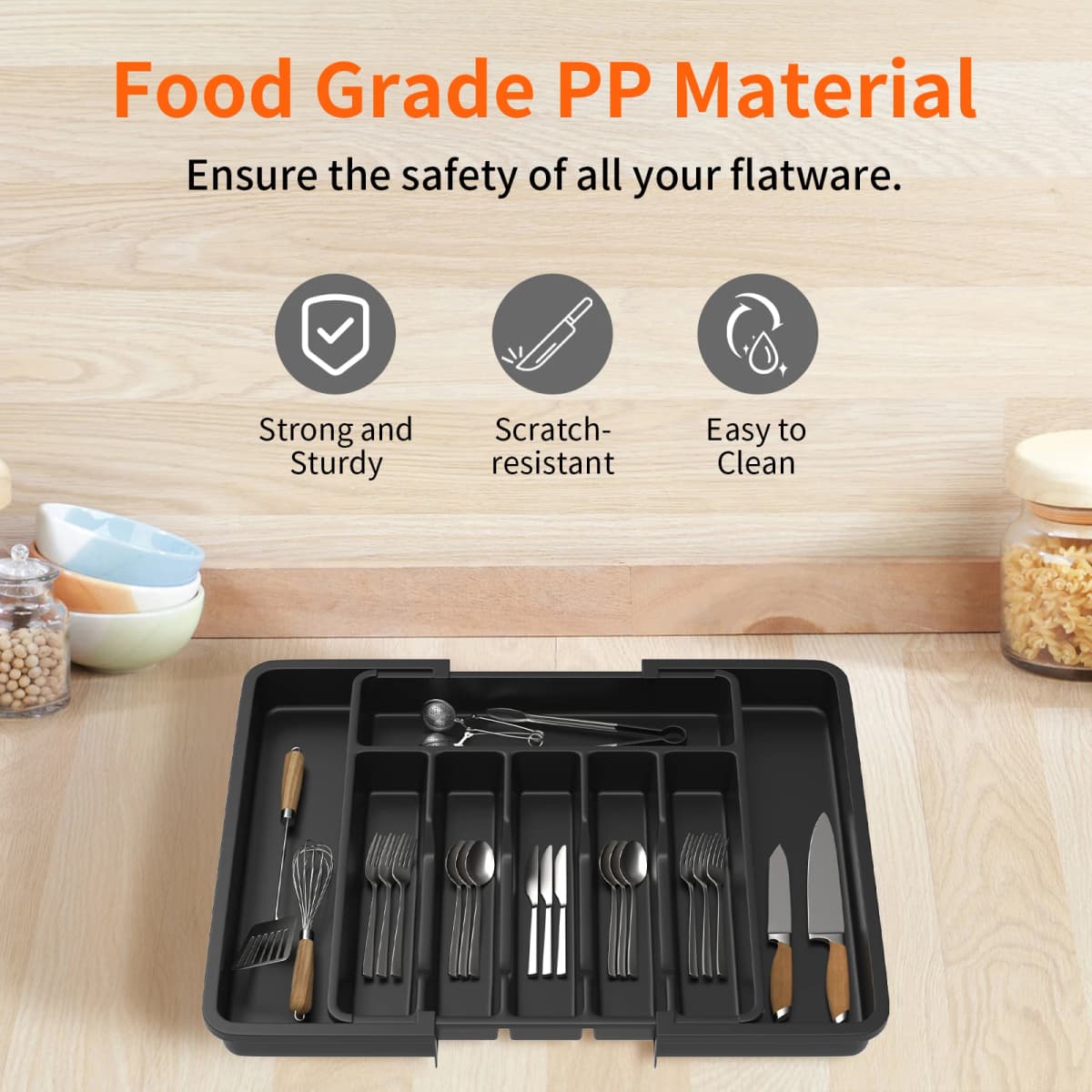 VickyHome Utensil Tray,Cutlery Tray Organizer for Kitchen,Wooden Utensil Drawer Organizer,8 Compartment Expandable Cutlery Tray