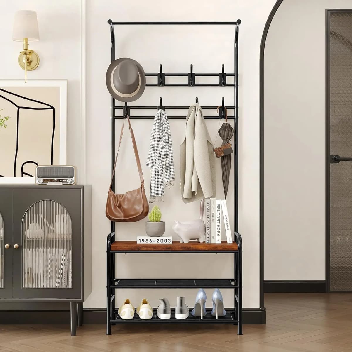 Hall Tree Shoe Bench 4in1 Hall Tree Storage Bench for Entryway 8 Sturdy Hooks Industrial Entryway Bench Freestanding Coat Rack