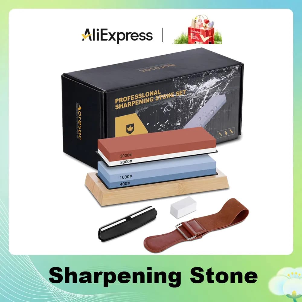 Complete Knife Sharpening Stone Set/Dual Grit Whetstone 400/1000 3000/8000 Knife Sharpener with Leather Strop/Flattening Stone