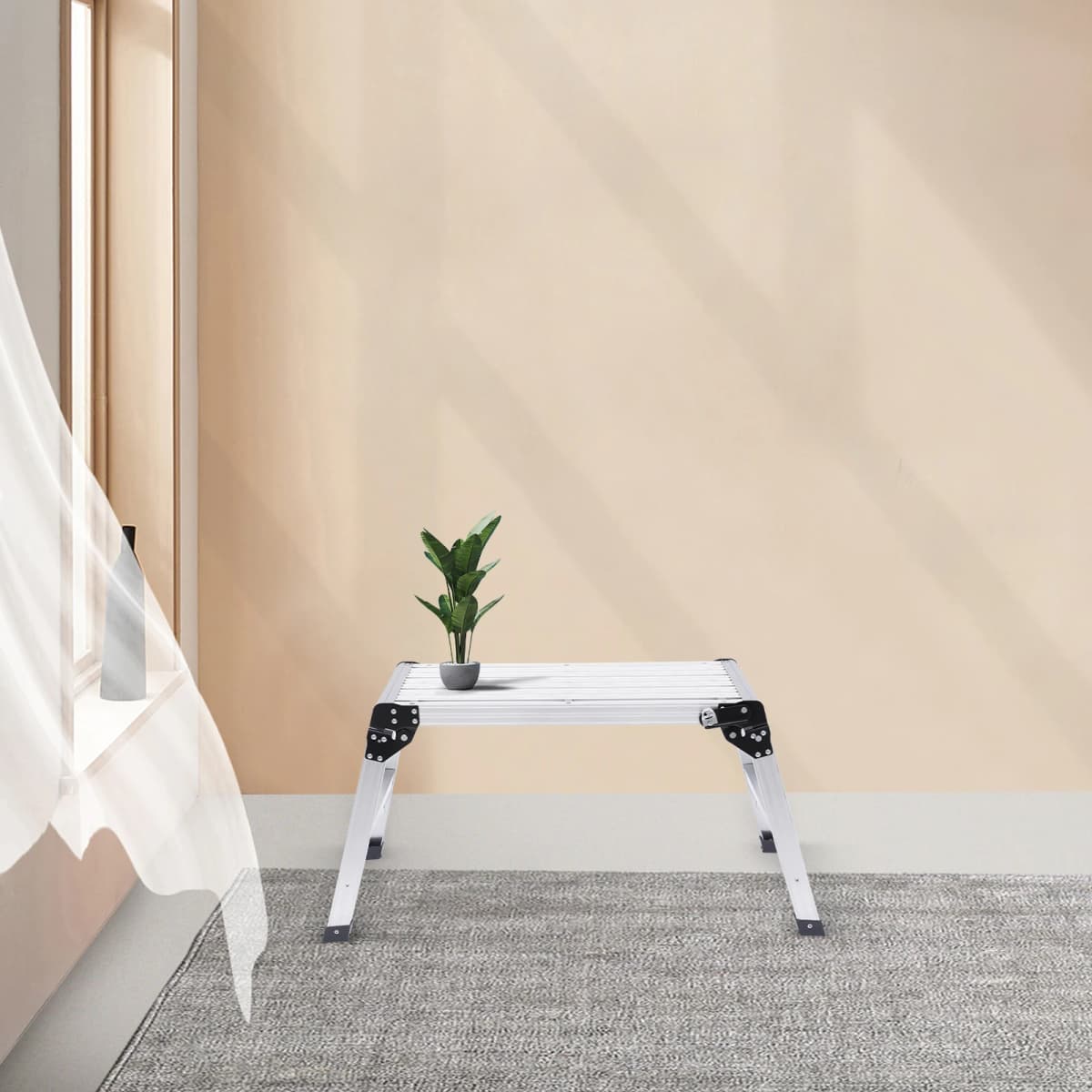 Folding Work Platform Bench Ladder Stool Anti-slip Surface Supports Up to 150kg Silver for washing vehicles, cleaning windows