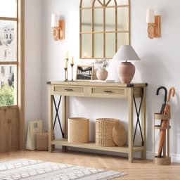 Farmhouse Entryway Table 2-Tier Narrow Console Table with Storage with Rattan Drawers Sofa Table for Living Room Hallway Foyer