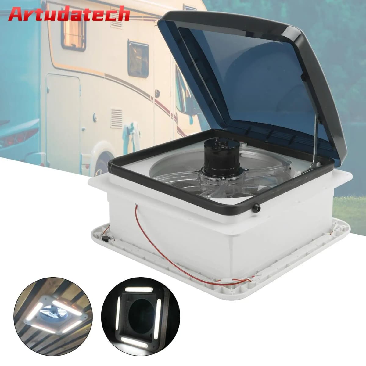 Artudatech 14" RV Caravan Roof Vent 3-Speed Motor RV Fan 12V Skylight With LED Light