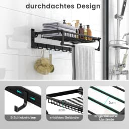 Towel Holder Folding Towel Rack Without Drilling Towel Bar Wall Mounted With 9 Movable Hooks & Shelf Wall Organizer