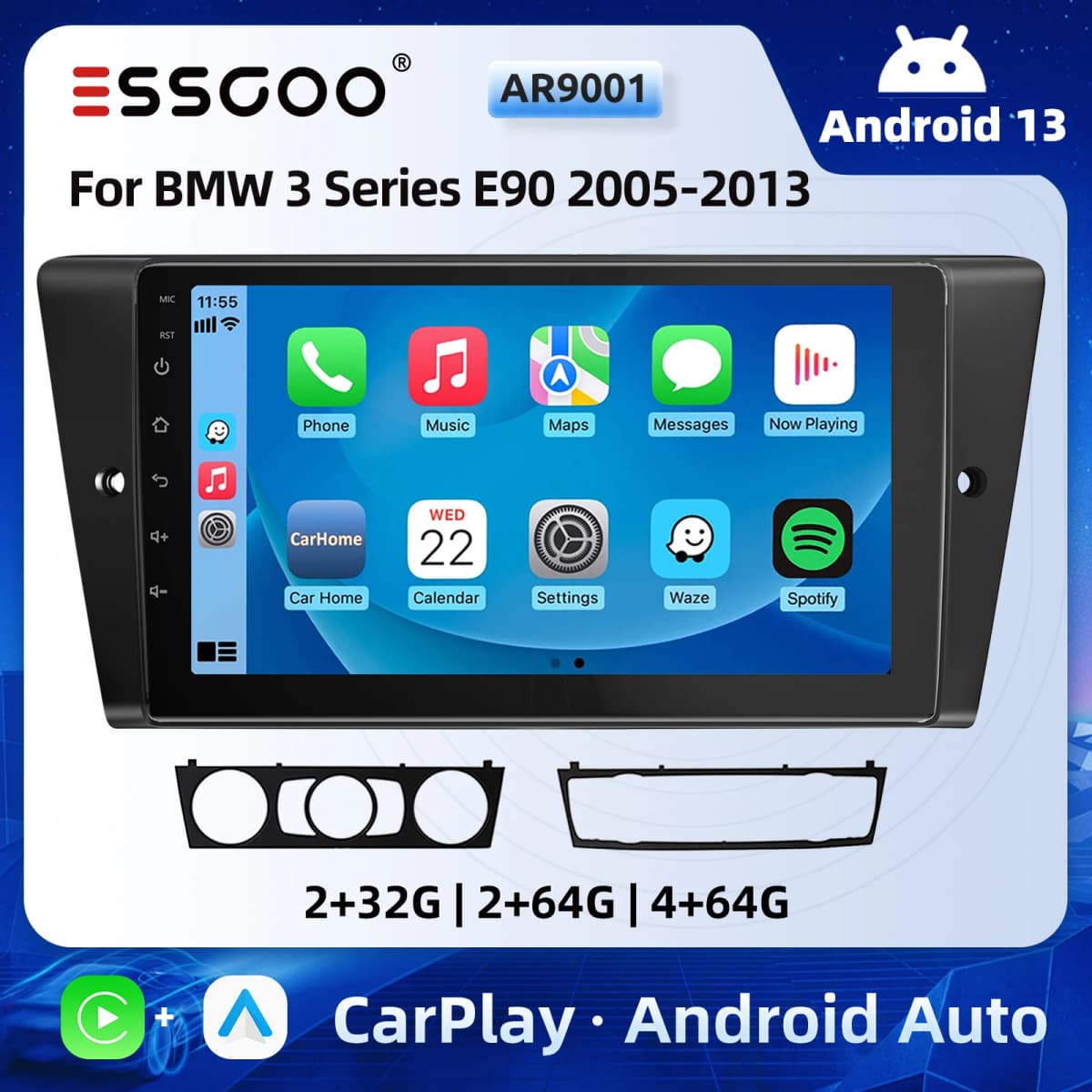 ESSGOO 9" Android 13 Car Stereo Radio Carplay/Android Auto Touchscreen GPS Nav BT RDS For BMW 3 Series E90 E91 E92 E93 2005-2013