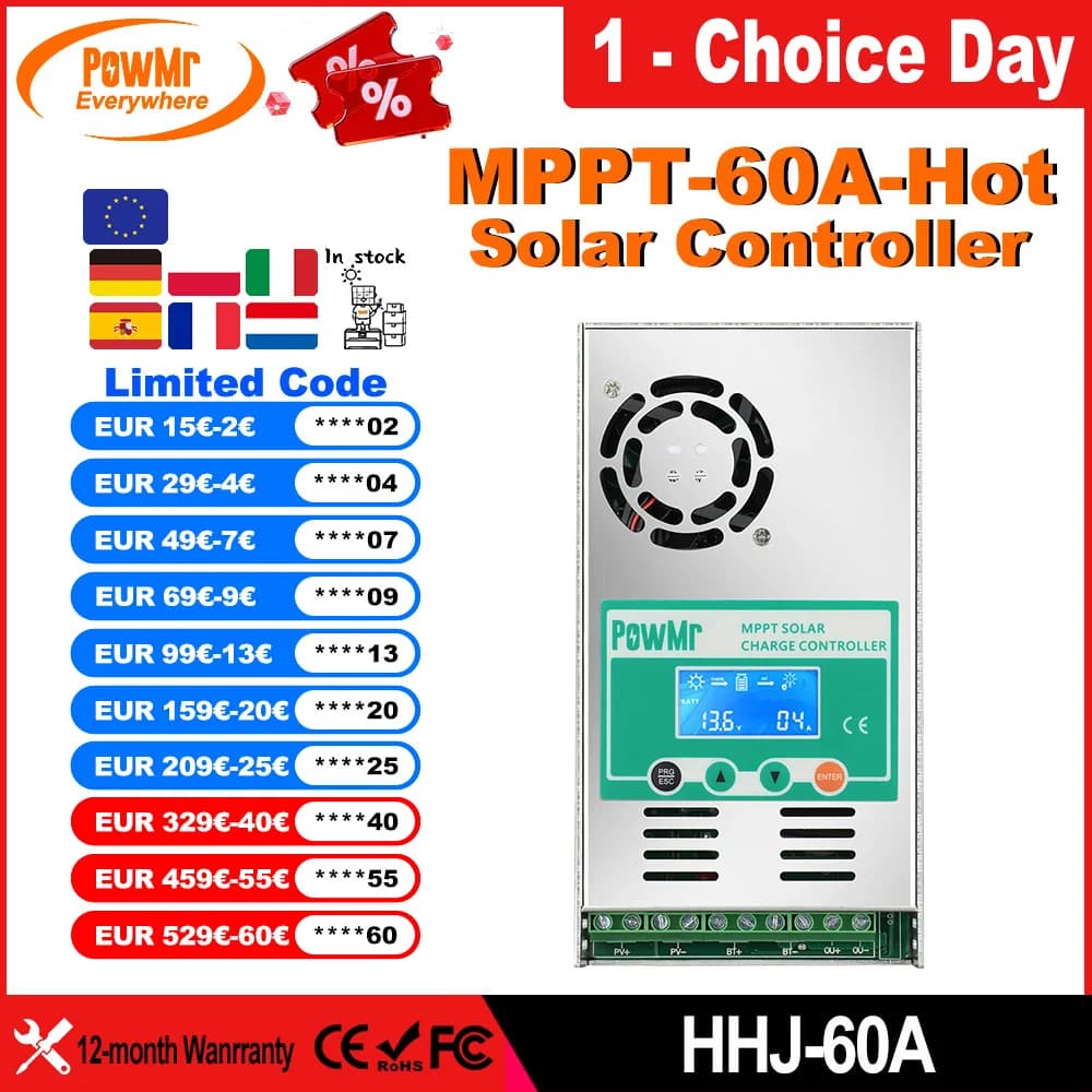 PowMr 60A MPPT Solar Charge Controller Work for 12V 24V 36V 48V Lithium Lead Acid Battery With LCD Display Max PV 160VDC Input