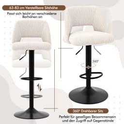 2 Set bar stools, bar chairs 63-83 cm adjustable in height from Teddy fabric, seat stool upholstered with backrest & footrest