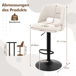 2 Set bar stools, bar chairs 63-83 cm adjustable in height from Teddy fabric, seat stool upholstered with backrest & footrest