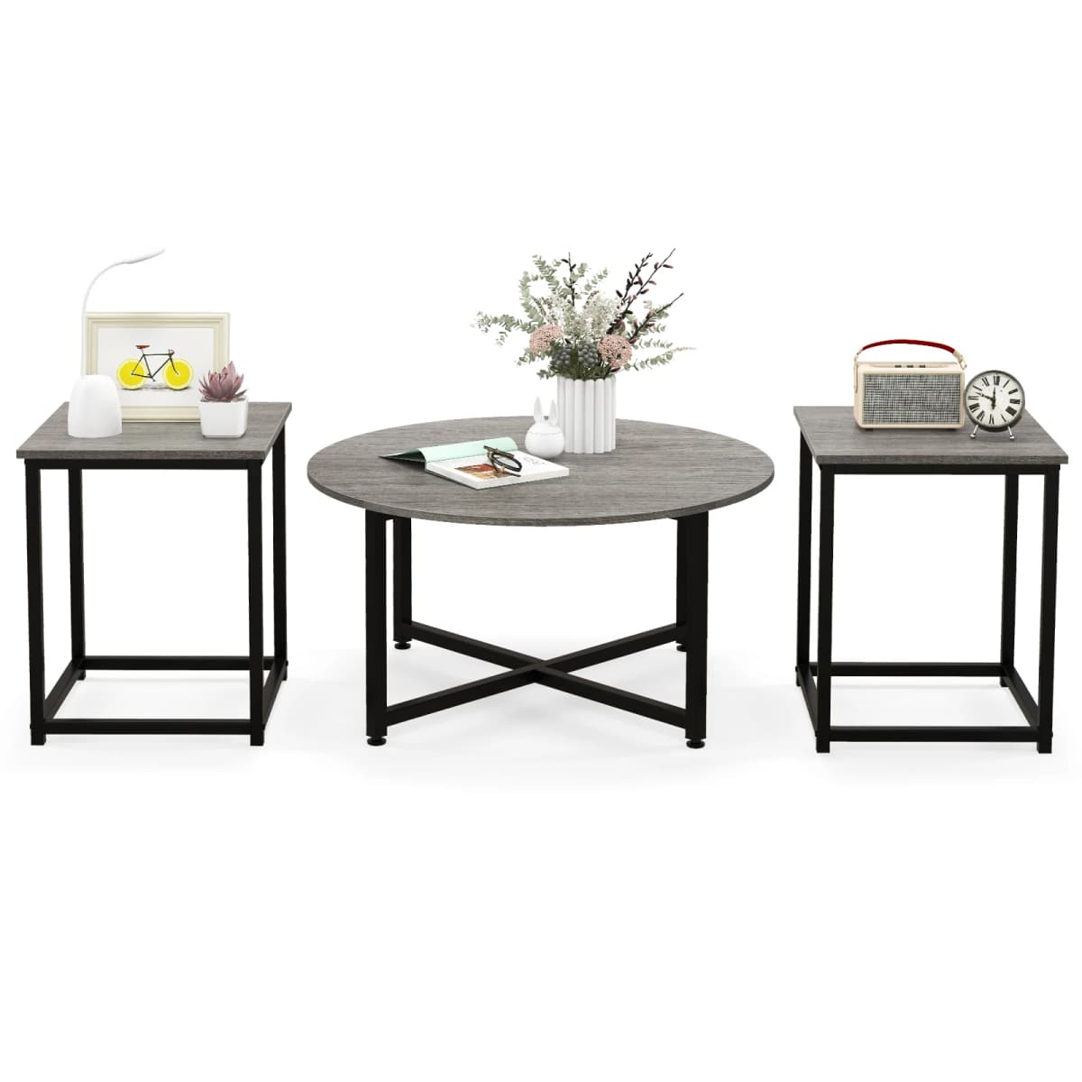 Set of 3 coffee table, side table metal frame, 1 round coffee table & 2 square tables, sofa table living room table