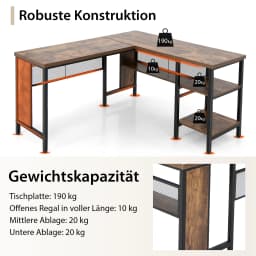 Desk L shape, corner desk with full length shelf and 2-tier side shelves, corner table, computer table, office table