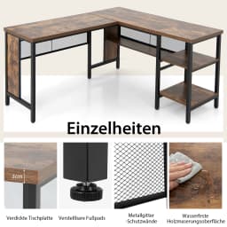 Desk L shape, corner desk with full length shelf and 2-tier side shelves, corner table, computer table, office table
