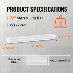 SucceBuy Fireplace Mantel 72 x 8 x 5" 50 lbs Natural Wood Mantel for Over Fireplace Wall Handcrafted Wood for Wall Decor White