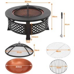 Large Ø81cm Fire Bowl with Grill Grate, with Spark Protection, 3 in 1 Fire Pit Fire Basket Spark Protection BBQ Heater, Black