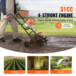 SucceBuy Tiller Cultivator Gas Powered 38CC Garden 4 Steel Adjustable Front Tines For Lawn Garden and Field Soil Cultivation