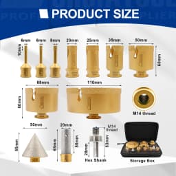 SHDIATOOL 12Pcs Diamond Drill Bits Set 6-110mm Hole Saw+20mm Milling Bits+50mm Bevelling Chamfer+Hex Adapter M14 Tile Tool Kit