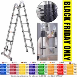 DayPlus 12.5 FT Folding Steel Telescopic Ladder 1.9M+1.9M Multi Purpose A-Frame Heavy Duty Loft Ladder with Stabilizer Home Tool