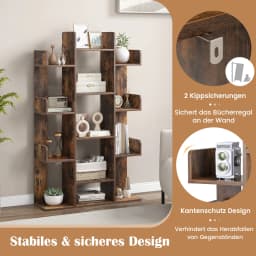 Tree Shape Bookshelf 13 Open Compartments Shelf living room or office storage Shelf Vintage Brown