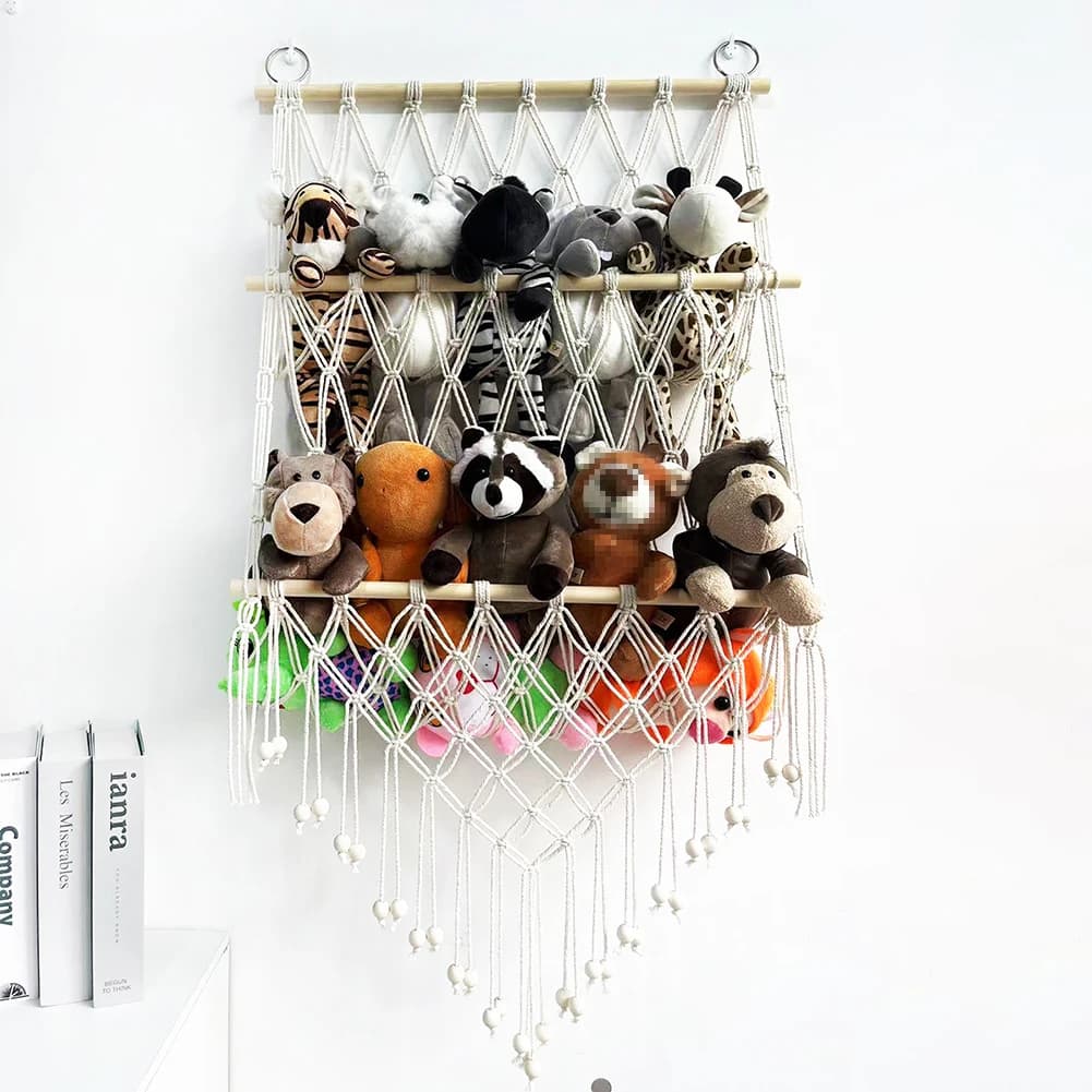Stuffed Animal Storage Hammock 2-layer Wood Plush Toys Holder Hanging Storage Rack Home Organizer For Nursery Play Room Bedroom