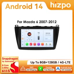 Hizpo 2Din 9inch Android Auto Car Radio for Mazda 6 2007 - 2012 CarPlay Screen GPS Navigation 4G BT WiFi SWC DSP RDS 360° Cam