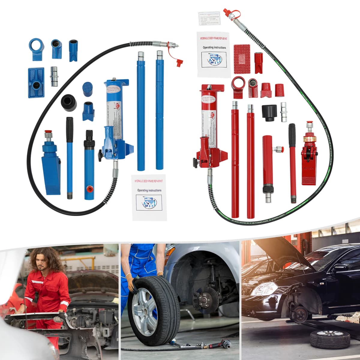 4T Hydraulic Jack Kit Hydraulic Splitter Power Unit Jack Body Frame for Private Garages Car Repair Shops Red/Blue