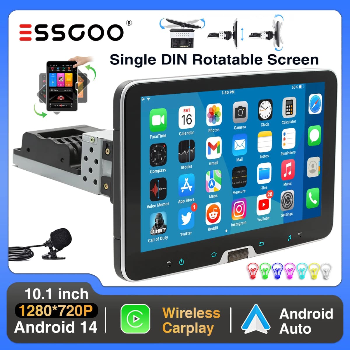 ESSGOO 10.1" Android 14 Car Stereo Radio Wireless Carplay 1 DIN Rotatable Screen GPS NAVI FM RDS BT Wifi Scroll with Microphone