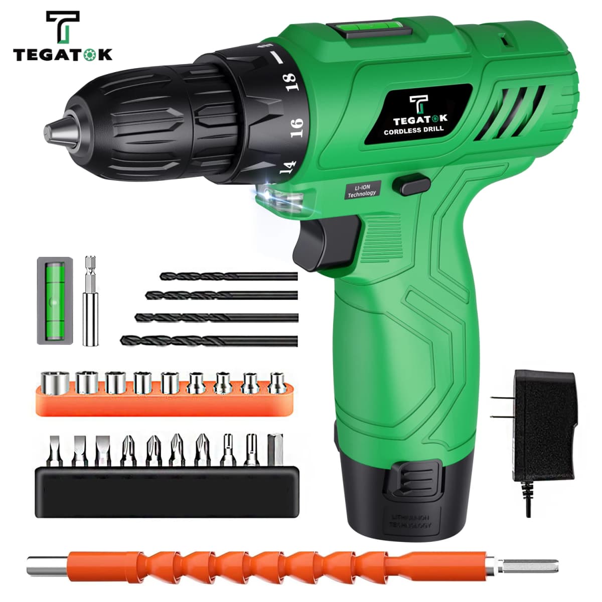Tegatok Power Drill Cordless, 12V Cordless Drill with Battery and Charger, Electric Drill with Variable Speed and 18+1 Torque S