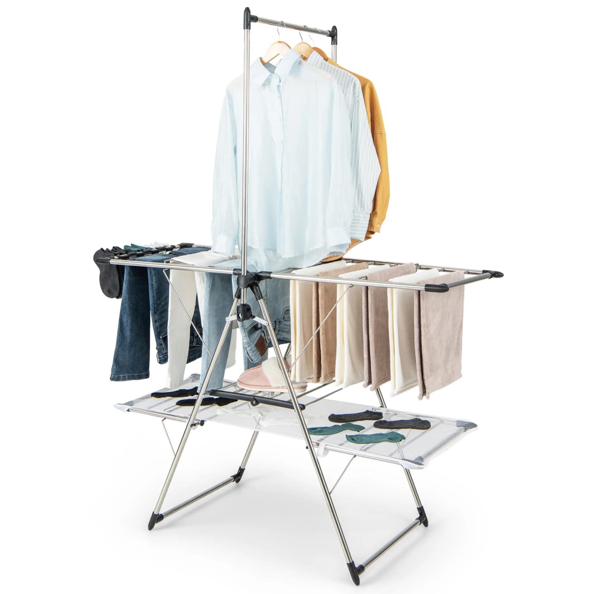 Folding laundry stand 2-stage dryer extendable stand dryer height adjustable with wings mesh fabric